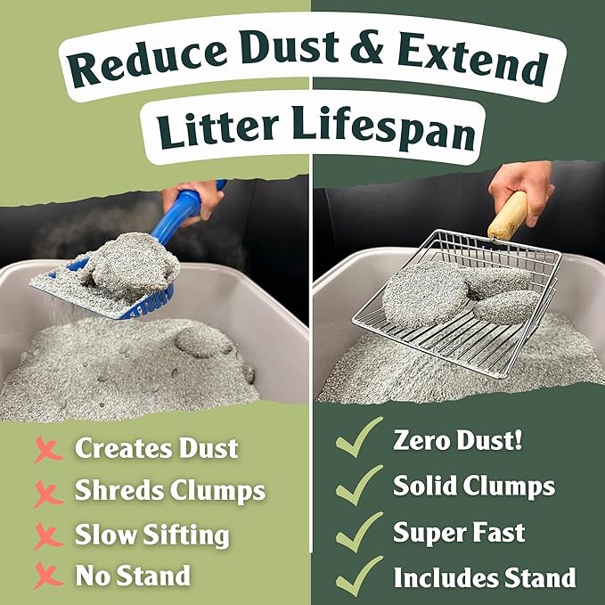Sprinkle & Sweep Metal Cat Litter Scoop - Heavy Duty Litter Scooper & Speed Sifter with Comfortable Beech Wood Grip - Washable Convenient Stand for Easy and Efficient Cleaning