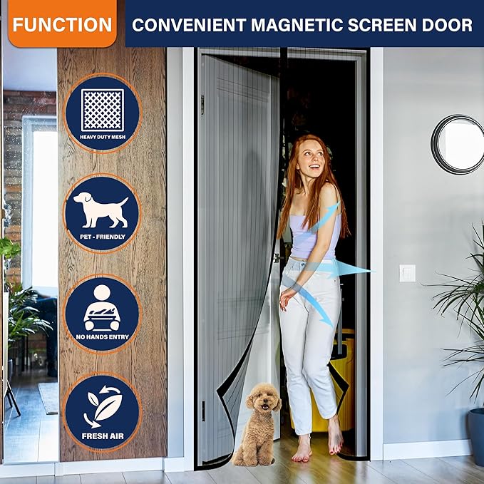 Magnetic Screen Door, Heavy Duty Door Screen Magnetic Closure Keep Bugs Out,Pet & Kid Friendly，Hands Free Door Screen Fit Door Size 36 x 96 Inches ‎Black