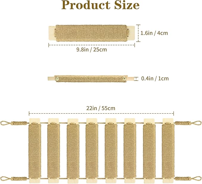 Multi-Functional Cat Ladder & Bridge - Sisal Rope Climbing Frame Wall Furniture for Indoor/Outdoor Cats, Cage Accessories, Parrots, Small Pets (Wood Tone)