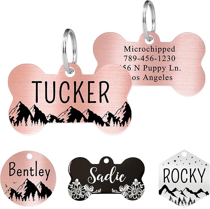 Ultra Joys Stainless Steel Dog ID Tag - Personalized Front and Back Engraving, Bone Tag Mountain Design, Rose Large