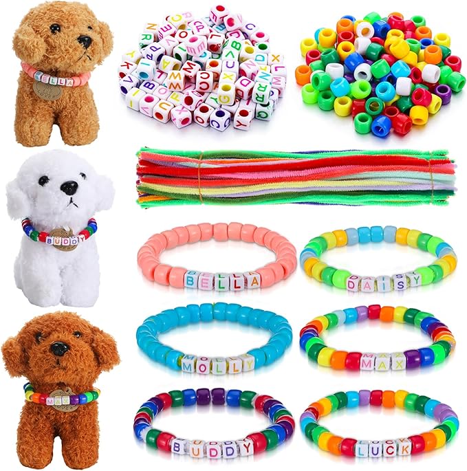 1040 Pcs Adopt a Puppy Pet Party Favors Puppy Adoption Party Supplies Make Your Own Dog Collar Necklace Kit with Beads for Pet Birthday DIY Craft(Without Dog) (Candy Color)
