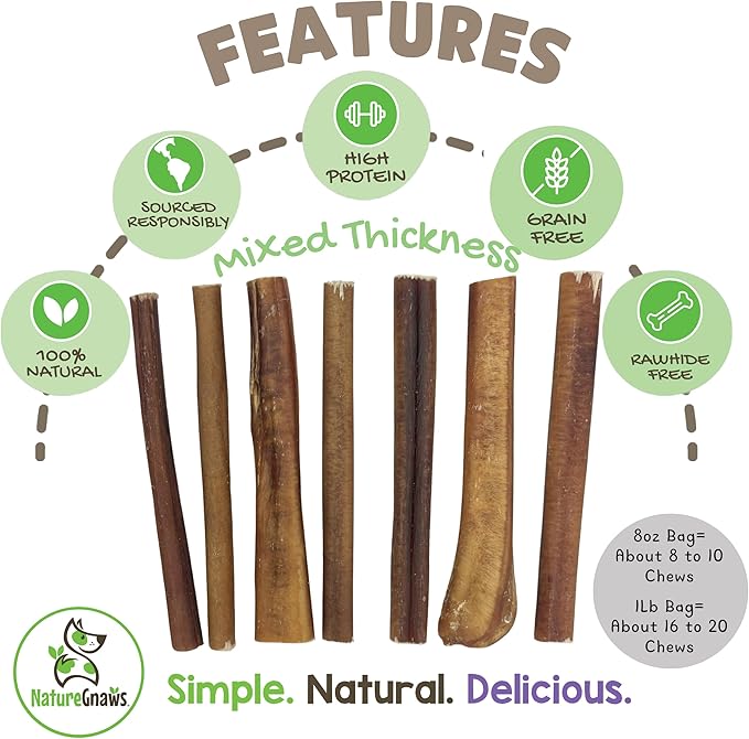 Nature Gnaws Bully Sticks for Dogs 5-6" (1Lb) - Mixed Thickness - Long Lasting for Aggressive Chewers and Large Dogs - Natural Beef Dog Chew Bones