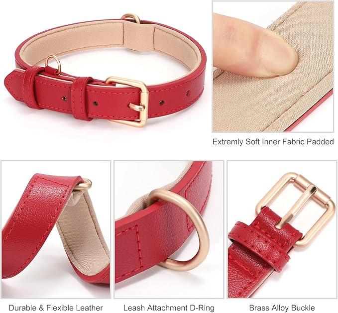 WHIPPY Leather Dog Collar for Small Medium Large Dog Adjustable Soft Breathable Leather Padded Puppy Collar with Alloy Buckle Heavy Duty Waterproof Classic Dog Pet Collar,red,XS