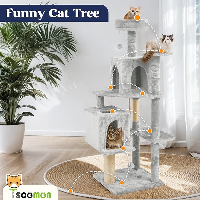 58.5inch Large Cat Tree Tower Condo for Indoor Cats, Soft Plush Multi-Level Climbing Tree Cat House, Scratching Post, More Entrance/Exit, Sisal Rope, Light Grey
