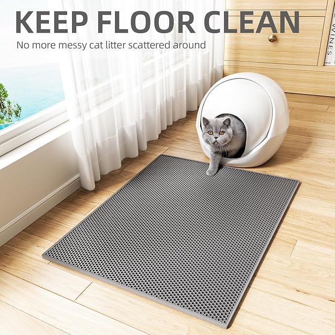 ESTHELLO Cat Litter Mat Large, Cat Litter Trapping Mat, Honeycomb Double Layer Design, Easy to Clean,Washable (30’’ x 24’’ Gray