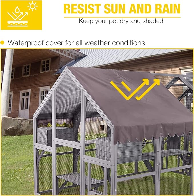 Aivituvin Cat House Outdoor Catio Kitty Enclosure with Super Large Enter Door,Wooden Cat Cage Condo Indoor Playpen with Platforms,Small House 110" L