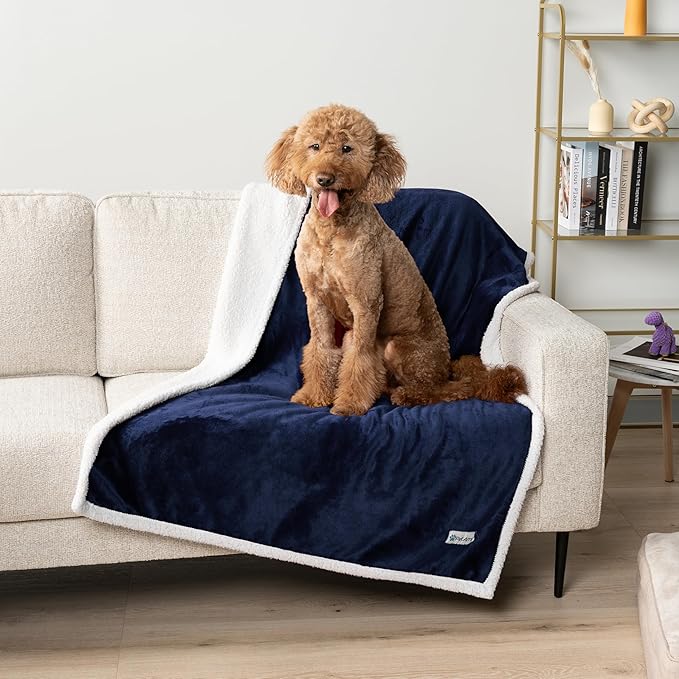 PetAmi Waterproof Dog Blanket for Small Medium Dog Puppy Cat Throw for Couch Cover Leakproof Protection, Sherpa Fleece, Reversible Soft Washable 29x40 Navy Blue