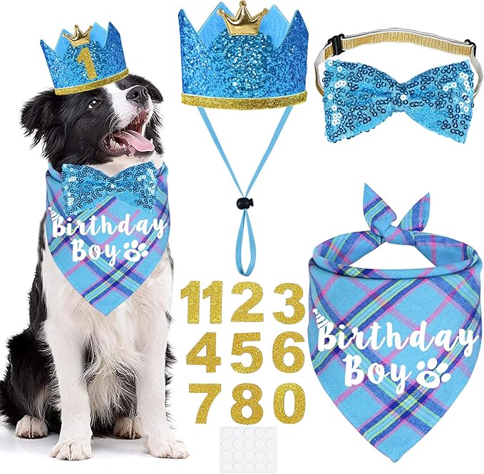 Dog Birthday Party Supplies, Multi Sizes Dog Birthday Bandana Boy Dog Birthday Hat Crown with Birthday Numbers Bow Tie for Medium Large Dogs Pets (Light Blue, Large)