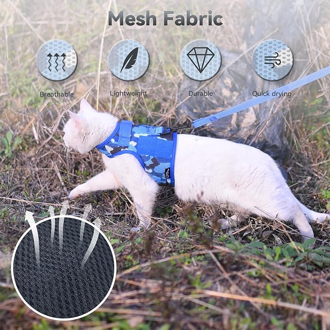 Tactical Kitty Harness and Leash for Walking Escape Proof Breathable Mesh Fabric, Ocean Camo, X-Small, Adjustable Cat Walking Jackets, Padded Stylish Cat Vest
