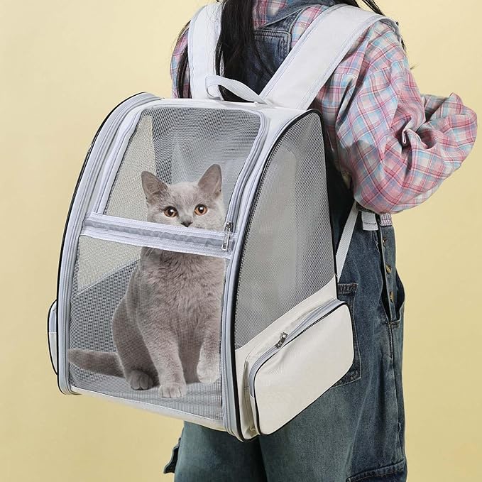 Expandable Cat Backpack Carrier with Breathable Mesh and Removable Pad, Pet Travel Carrier for Cats and Small Dogs up to 20 Lbs, Great for Hiking Camping Outdoor(Beige)