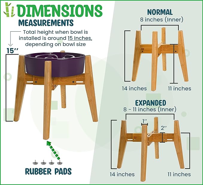 Dog Bowl Stand (14-inch High) - Ideal for Large Breeds, Use to Elevate, Raise Pet Dishes, Water Fountains and Slow Feeders - Adjustable Sideways, Bamboo - (Bowls not Included)