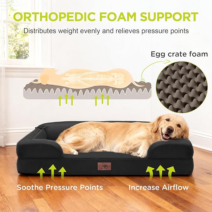 Orthopedic Dog Bed for Extra Large Dogs, XXL Waterproof Egg Crate Memory Foam Pet Bed Bolsters with Removable Washable Cover & Non-Slip Bottom, Tennis Ball Toy, 45x35
