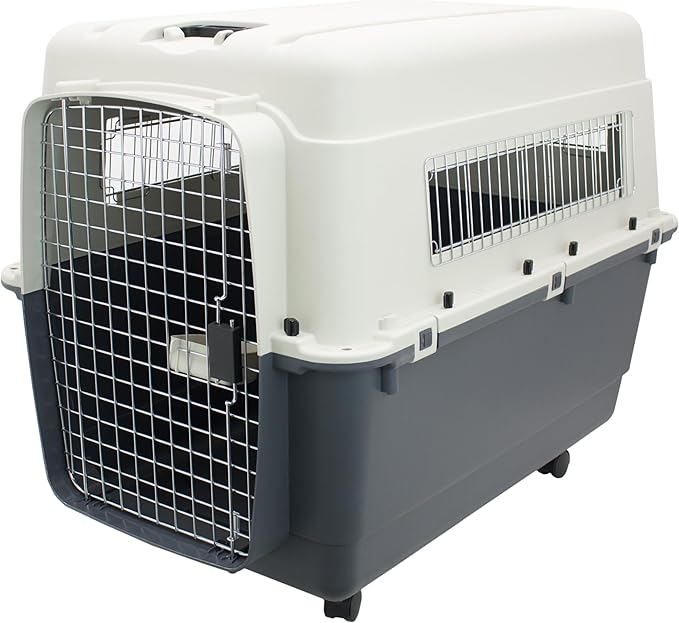 SportPet Designs Plastic Kennels Rolling Plastic Airline Approved Wire Door Travel Dog Crate, XXX-Large, Gray