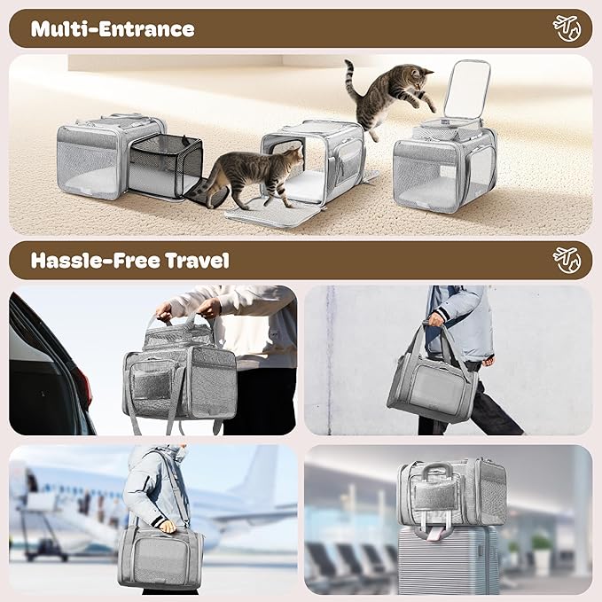 Top and 2 Sides Expandable Cat Carrier 17x11x11, TSA Airline Approved Dog Carriers for Medium Dogs, Soft-Sided Pet Carrier with Self-Locking Zippers for Kitten,Rabbit, Puppy, Guinea Pig Grey