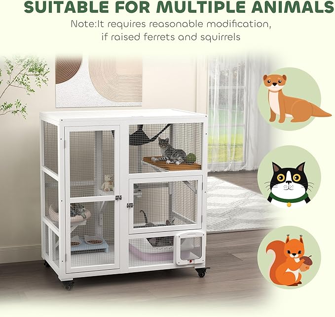 PawHut Indoor Wooden Catio, Cat House Cat Enclosure on Wheels with 3 Platforms, Hammock, Cat Flap Door & Openable Top, Luxury Kitty House for 2 Cats, 39", White