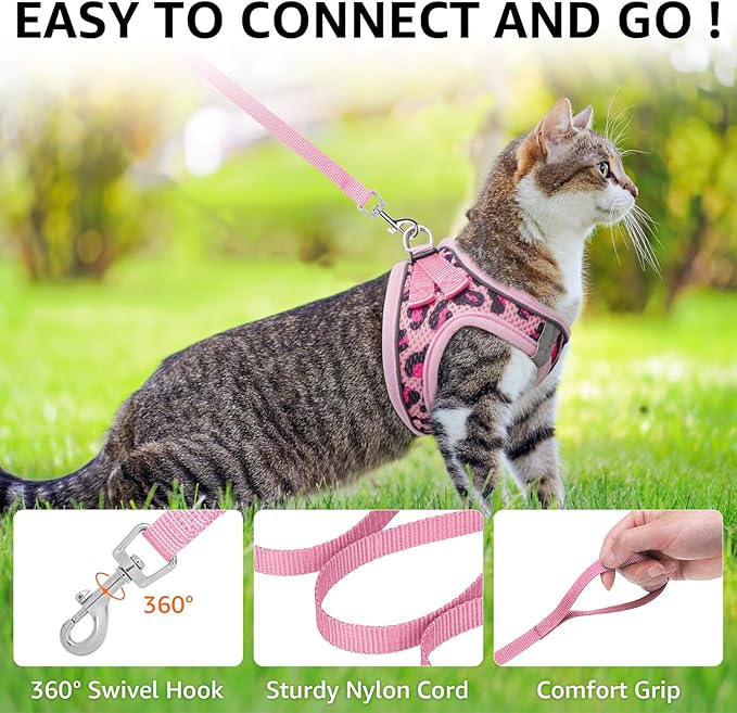 SCENEREAL Cat Harness & Leash Set Escape Proof - Adjustable Air Mesh Vest with Reflective Strips for Kittens, Puppies, Rabbits, Pink Leopard S