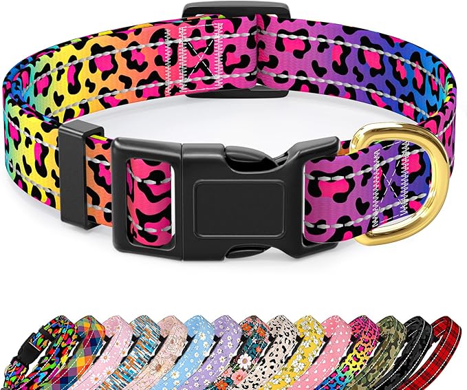 Reflective Dog Collar for Medium Dogs, Cute Leopard Style Adjustable Heavy-Duty Nylon Puppy Collar for Boy and Girl Female, Soft Pet Accessories with Quick Release Buckle, Neon
