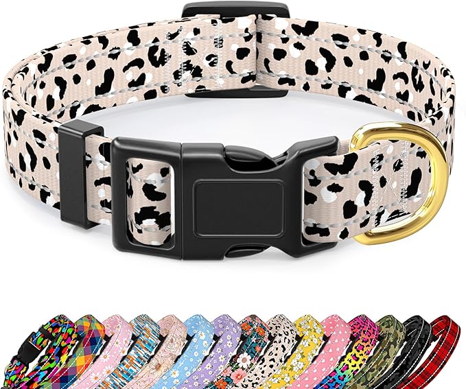 Reflective Dog Collar for Large Dogs, Cute Leopard Style Adjustable Heavy-Duty Nylon Puppy Collar for Boy and Girl Female, Soft Pet Accessories with Quick Release Buckle, Beige