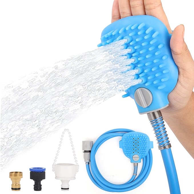 Belle Vous Dog Bath Hose Sprayer and Scrubber Attachment - Indoor/Outdoor Pet Bathing, Grooming and Washing - Pet Shower Brush with Garden Nozzle