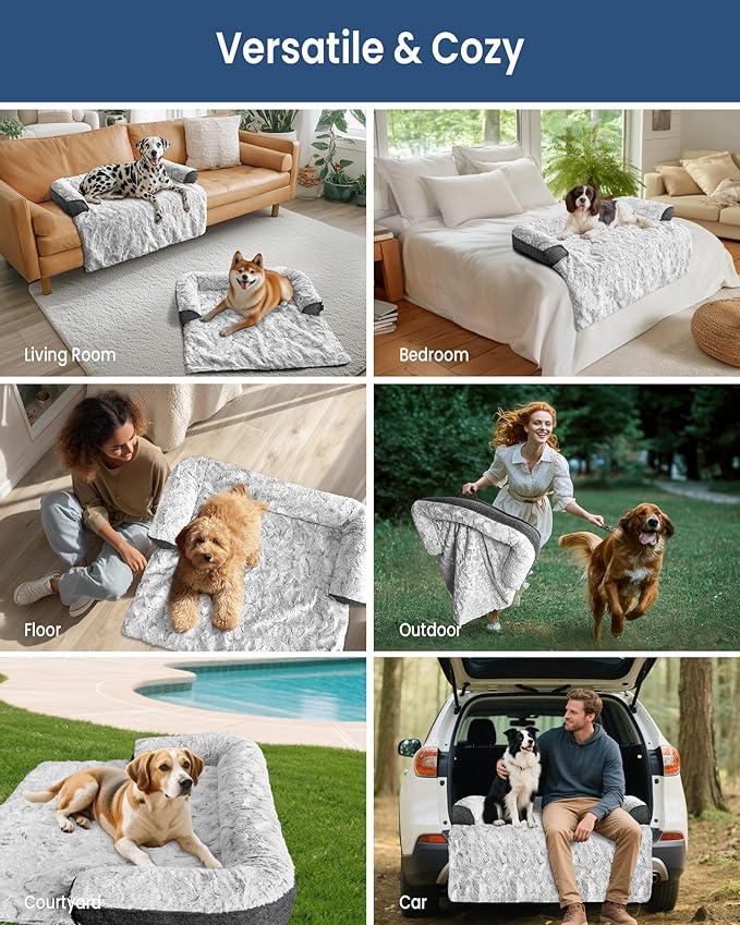 Calming Large Dog Bed for Couch, 41 x 37 inch Removable Couch Cover for Dogs Washable, Non-Slip Fluffy Plush Dog Sofa Mat for Furniture Protector - Grey