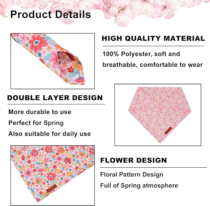 ADOGGYGO Floral Dog Bandana 2 Pack, Reversible Pink Daisy Pet Scarf Bib, Adjustable Fit Cute Flower Bandanas for Extra Large Dogs Pets (X-Large)