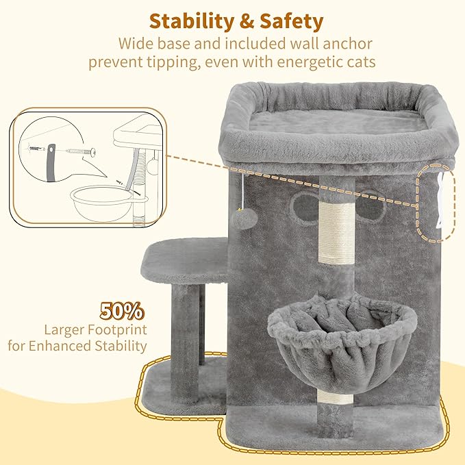 Heybly Cat Tree, 25.6-inch Cat Tower with Spacious Top Perch for Large Cats, Stair-Style Cat House Furniture with Dual-Layer Condos, Sisal Scratching Posts, Cozy Basket & Pompom, Light Gray HCT204SW