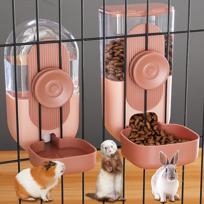 Kenond 35oz Hanging Automatic Pet Food Water Dispenser, Auto Gravity Pet Feeder and Waterer Set, Cage Cat Food Bowl Dog Feeding Station for Puppy and Kitten Rabbit Chinchilla Hedgehog Ferret (Pink)