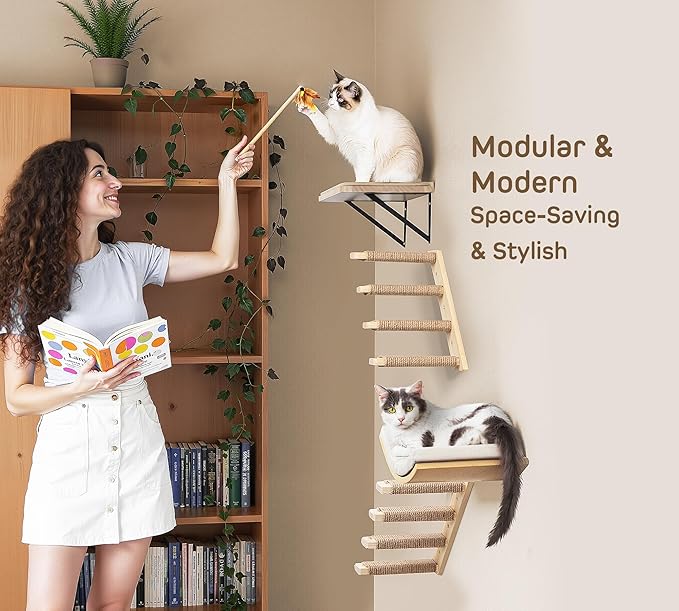 Cat Wall Shelves with Cats Window Perch – 4-Piece Wooden Cat Climbing Furniture Set with Soft Foam Curved Bed, Flat Shelf & 2 Wall 4-Steps Ladders