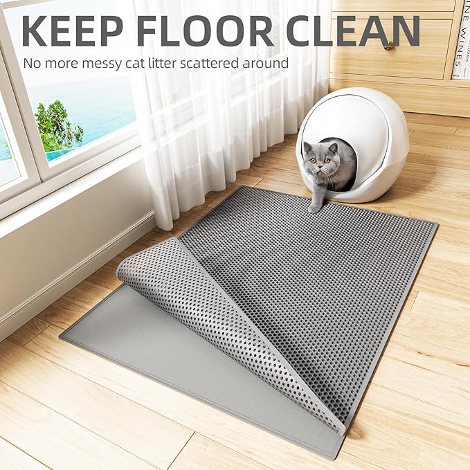 ESTHELLO Cat Litter Mat Large, Cat Litter Trapping Mat, Honeycomb Double Layer Design, Easy to Clean,Washable (36’’ x 30’’ Gray)