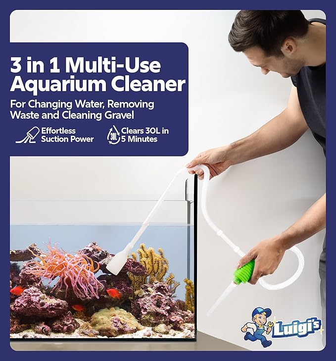 Luigi's Fish Tank Cleaner - Turtle Tank Accessories - Gravel Vacuum for Aquarium - Hand Siphon Hose to Remove and Change Water or Sand in Minutes - Aquarium Cleaning Tools