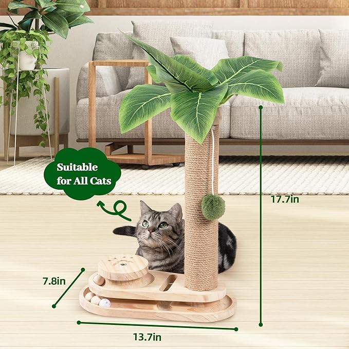 Meowoou Cat Scratching Post Cat Scratcher Interactive Toy with Dangling Ball for Indoor Kitten 2 Layer Base Wooden Ball Track 17.7" Tall Modern Sisal Scratch Pole