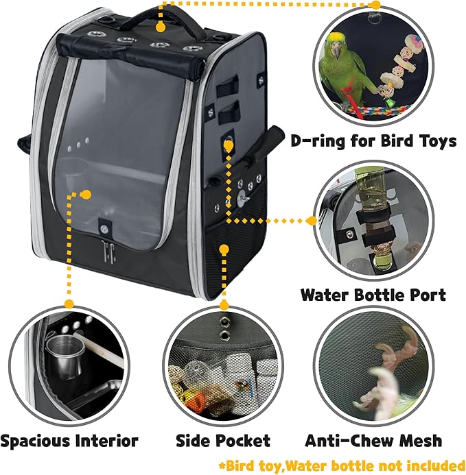 Birds Day Bird Carrier Backpack-Parrot Travel Cage with 2PCS Perch and Food Bowl, Stainless Steel Tray (Charcoal Gray)
