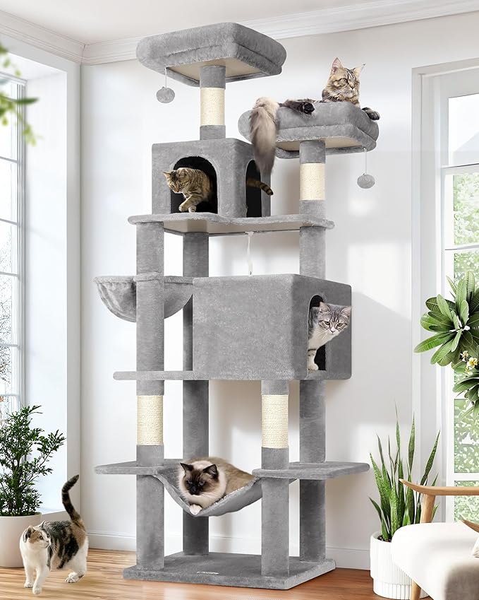 Globlazer Cat Tree Tower, 76-Inch Extra Tall Multi-Level Cat Furniture with Cozy Condos, Hammock and Perches for Adult Cats, Perfect for Climbing, Scratching, and Play, F76, Light Grey
