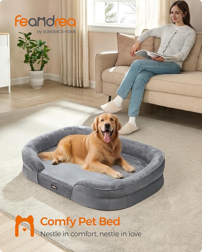 Feandrea Dog Bed, Large Orthopaedic Dog Sofa Bed, 42 x 30 x 7 Inches, Egg Crate Foam, Waterproof Liner, Raised Edges, Removable and Machine Washable Cover, Non-Slip, Light Gray UPGW283G01