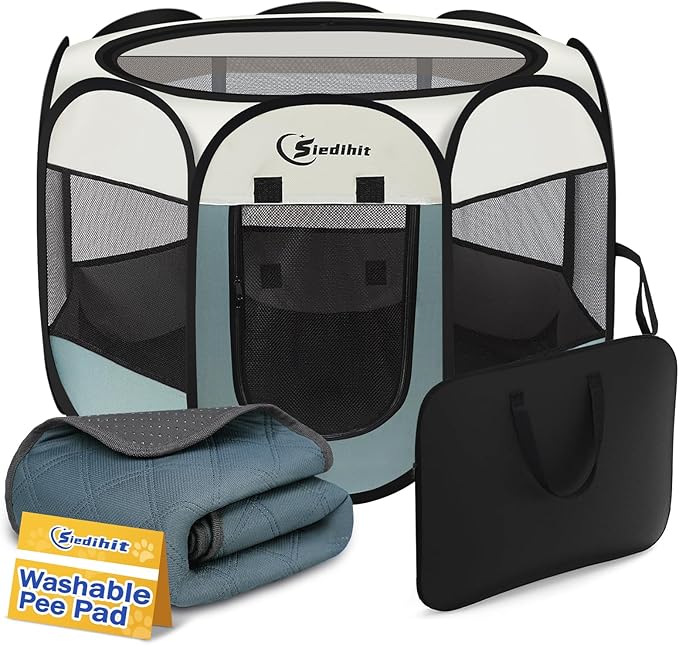 Dog Playpen with Washable Pee Pad, Puppy Pet Cat Playpen Small Dogs Tent Crate Indoor/Outdoor, Portable Pop Up Kennel with Carrying Case for Cats/Rabbits(Grey,Small with pad)