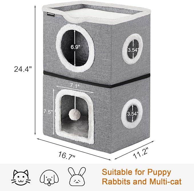 URPOWER 2 Story Cat Bed, Large Cat House for Indoor Cats Covered Cat Cave with Hideaway, Scratch Pad and Fluffy Ball, Foldable Cat Cube Condos Kitten Beds & Furniture for Multiple Small Pets