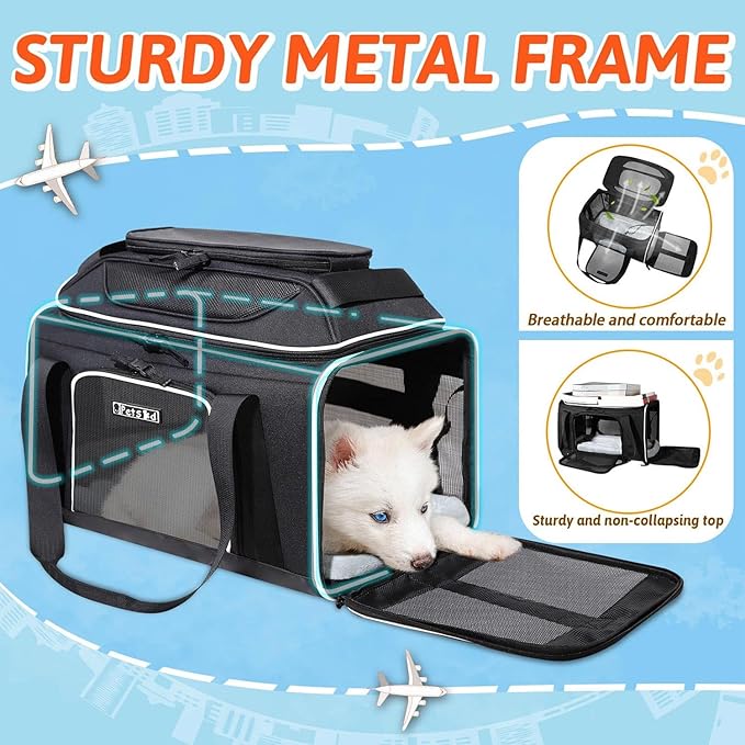 Petskd Top-Expandable Pet Carrier 17x12x8.5 Inches JetBlue Allegiant Spirit Airline Approved, Soft-Sided Carrier for Small Cats and Dogs with Locking Safety Zippers and Anti-Scratch Mesh(Black)