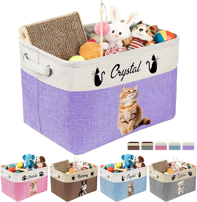 Personalized Dog Toy Storage Basket Custom Dog Name Photo Cat Pet's Gift Baskets Collapsible Organizer Box Foldable Storage Basket with Handle for Toys, Coats, Clothing, Blankets, Purple