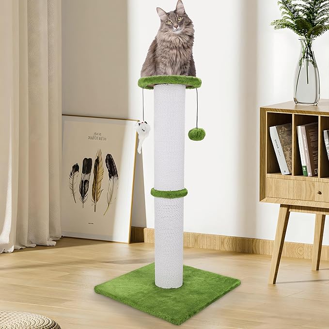 Cat Scratching Post 34 Inches Heavy Duty and Thicker Cat Scratching Post Sisal Rope with Hanging Ball and Mice Scratching Post for Indoor Cats and Adult(Bright Green)