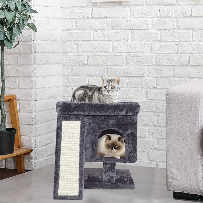 SYANDLVY Small Cat Tree for Indoor Cats Large Adult, Activity Tower with Scratching Post, Modern House with Padded Perch, Kittens Condo with Board, Cat Cave (Smoky Grey)