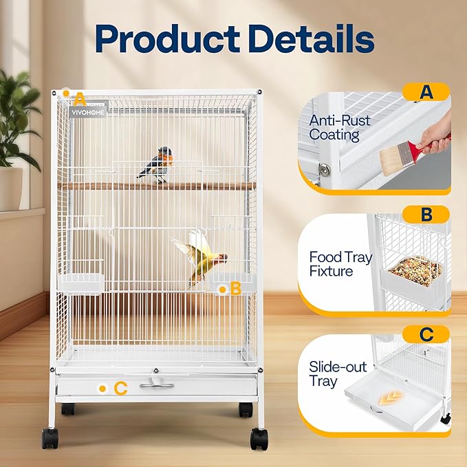 VIVOHOME 30 Inch Height Wrought Iron Bird Cage with Rolling Stand for Conures Lovebirds Cockatiels Finches, White