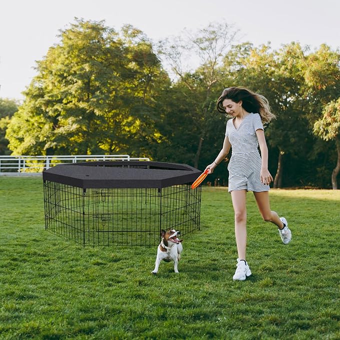 Dog Pen Pet Playpen Dog Fence Indoor Foldable Metal Wire Exercise Puppy Play Yard Pet Enclosure Indoor Outdoor 8 Panels 24 Inch with Bottom Pad/Top Cover (Black with top Cover)