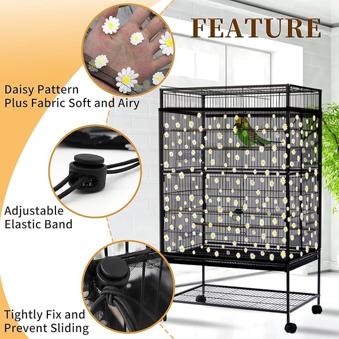 Daoeny Bird Cage Seed Catcher, Large Bird Cage Cover, Adjustable Soft Airy Nylon Mesh Net, Birdcage Cover Skirt Seed Guard for Parrot Parakeet Macaw African Round Square Cages (Black, Daisy Design)