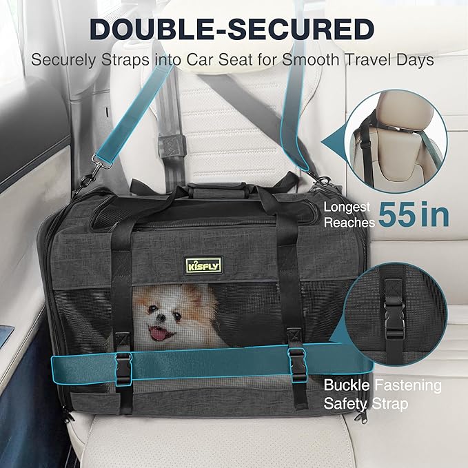 Small Dog Carrier for Puppies, Rabbits, Cat Carrier Soft, Foldable Travel Bag, Fits Pets up to 25lbs, Car Seat Belt Compatible, Ideal for Car Road Trips, Anti-Scratch Mesh, 20x13x13 in, Black