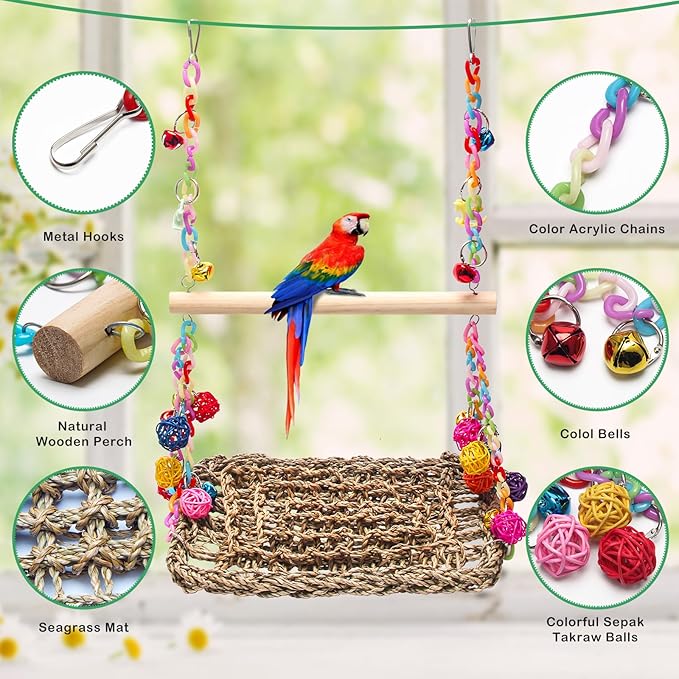 Bird Swing Mat with Wood Perch, AHIER Seagrass Bird Hammock for Conures with Chewing Toy for Parakeets, Budgie, Cockatiel, Lovebird Cage Accessories