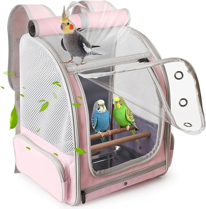 Parrot Carrier Backpack with Front Zipper Opening, Bird Travel Carrier Cage with Standing Perches and Metal Tray, Breathable Portable Transport Bag for Parakeet, Budgie, Conure, Cockatiel, Parrot