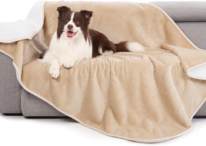 gogobunny Waterproof Bed Blanket, Reversible Sherpa Fleece Throw Blanket for Dog Puppy Cat, Furniture Cover Protects Bed Couch Sofa from Liquid Pee and Pet Fur (Beige, 90x90 inches)