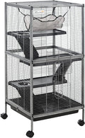 PawHut Metal Small Animal Cage, 4-Tiers Rolling Big Ferret Cage with Hammock, Removable Tray, for Chinchilla, Sugar Glider, Gray