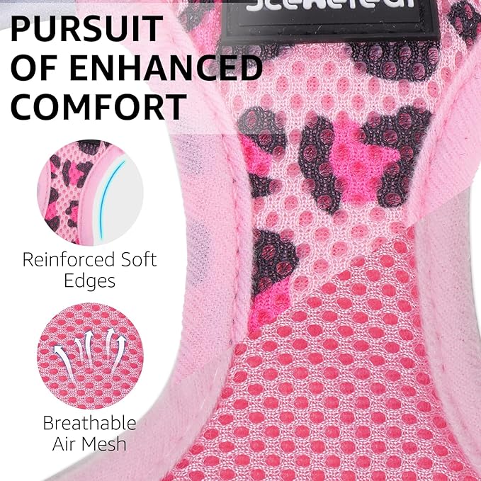 SCENEREAL Cat Harness & Leash Set Escape Proof - Adjustable Air Mesh Vest with Reflective Strips for Kittens, Puppies, Rabbits, Pink Leopard S