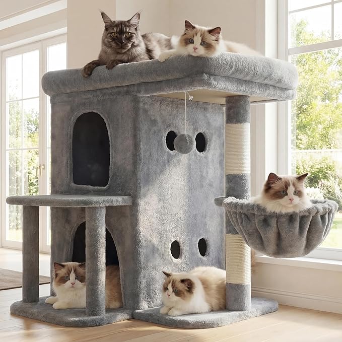 Heybly Cat Tree, 25.6-inch Cat Tower with Spacious Top Perch for Large Cats, Stair-Style Cat House Furniture with Dual-Layer Condos, Sisal Scratching Posts, Cozy Basket & Pompom, Light Gray HCT204SW